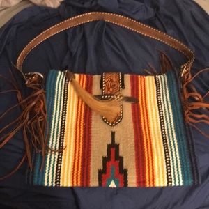 Rafter Ranch Serape Brown Purse with Brown Fringe and Authentic Tooled Leather